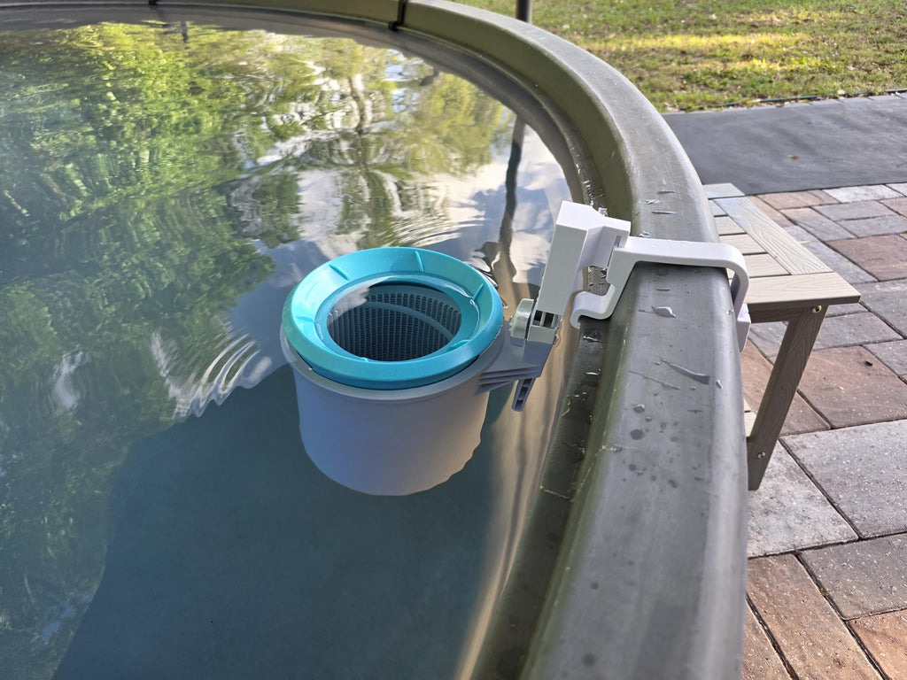 An Intex above ground pool skimmer installed onto a grey poly stock tank using a white 3D printed bracket and a white adapter to the Intex skimmer support rod. 