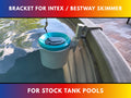 An Intex above ground pool skimmer installed onto a grey poly stock tank using a grey 3D printed bracket and a grey adapter to the Intex skimmer support rod. 