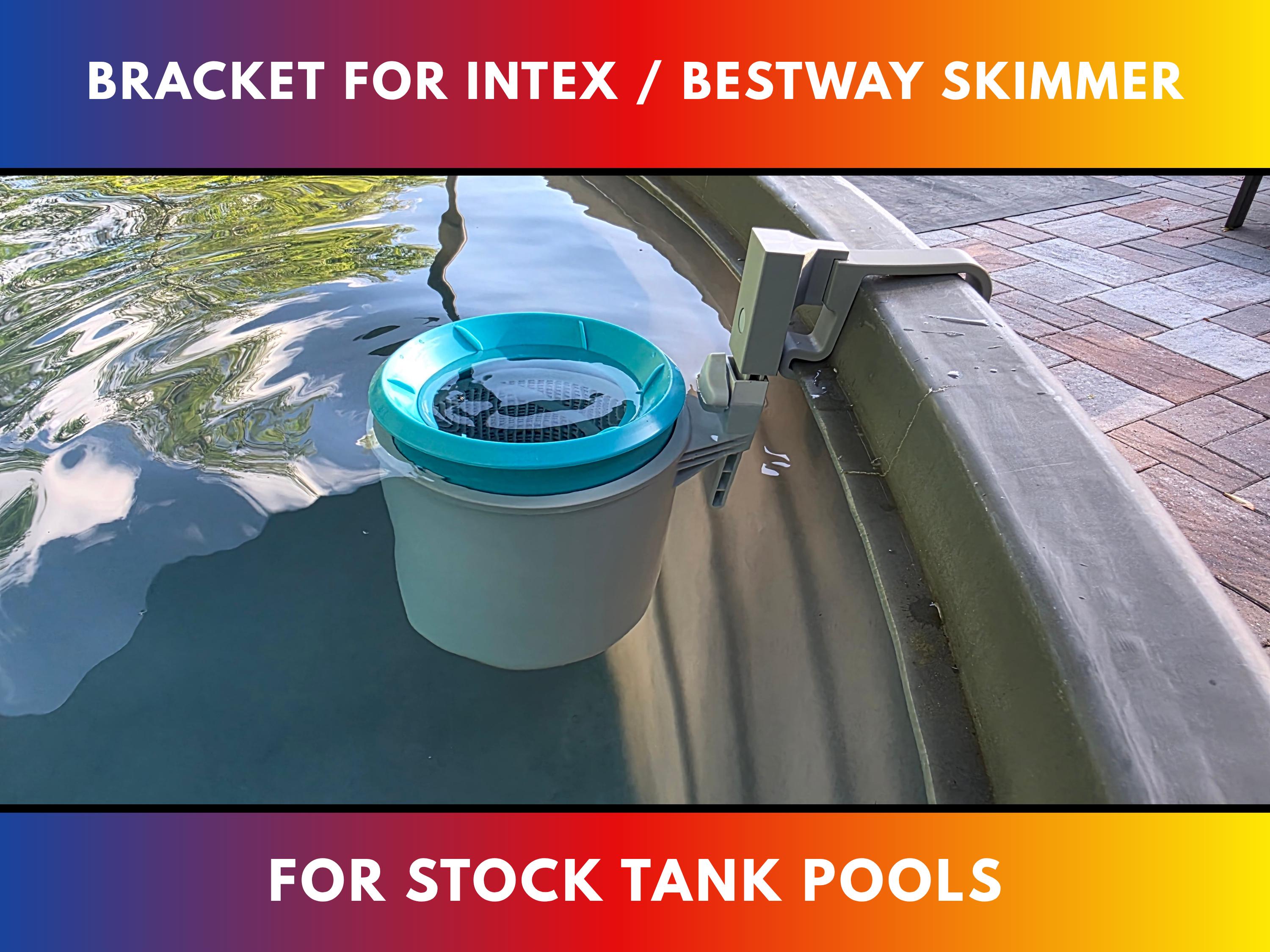 An Intex above ground pool skimmer installed onto a grey poly stock tank using a grey 3D printed bracket and a grey adapter to the Intex skimmer support rod. 