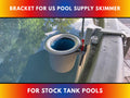 A US Pool Supply above ground pool skimmer installed onto a grey poly stock tank using a grey 3D printed bracket and a grey adapter to the US Pool Supply skimmer support rod. 