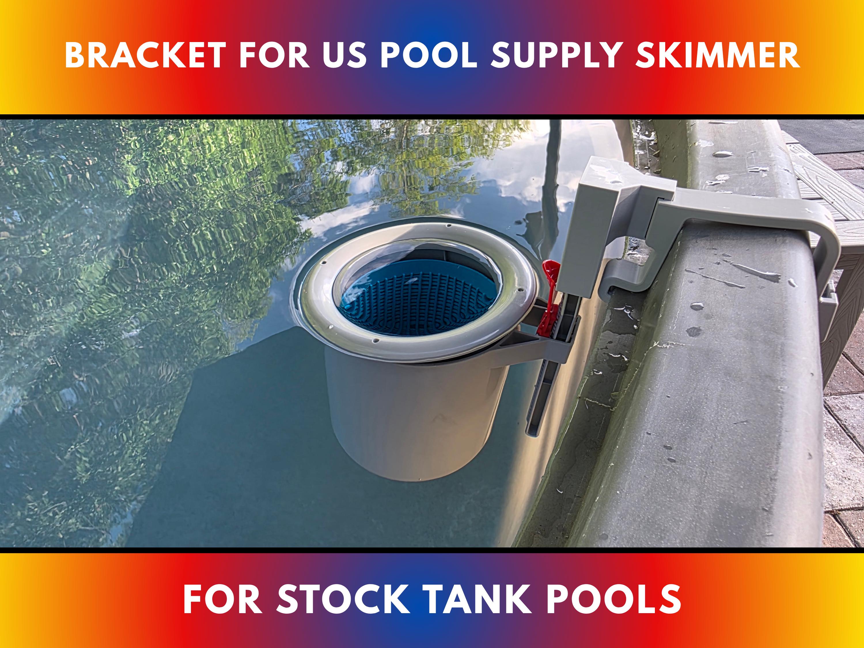 A US Pool Supply above ground pool skimmer installed onto a grey poly stock tank using a grey 3D printed bracket and a grey adapter to the US Pool Supply skimmer support rod. 